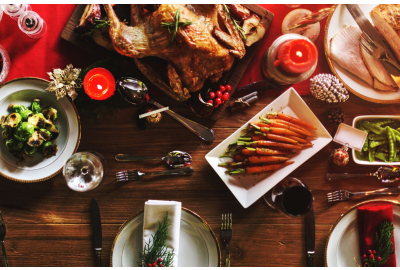 A Christmas dinner placed on a table.